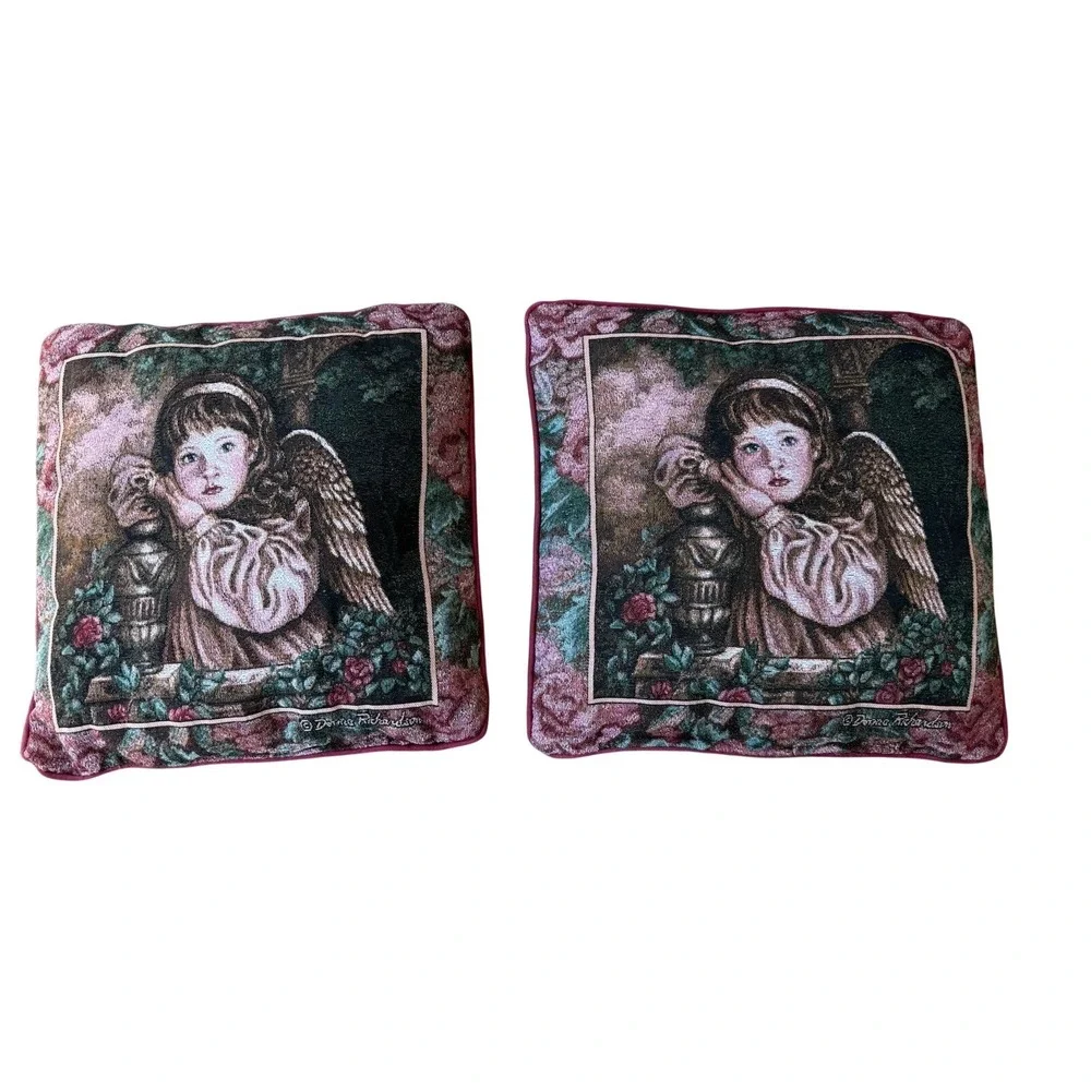 Vtg Tapestry Throw Pillow Little Angel Or Angel Unaware 17 X 17 Donna Richardson